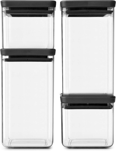 Brabantia Set of 4 Tasty+ Stackable square canisters - 2 x 0.7 litre and 2 x 1.6