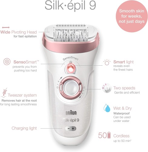 Braun Silk-épil 9 SensoSmart, 2 speed settings, Wet & Dry epilator, Smartlight,
