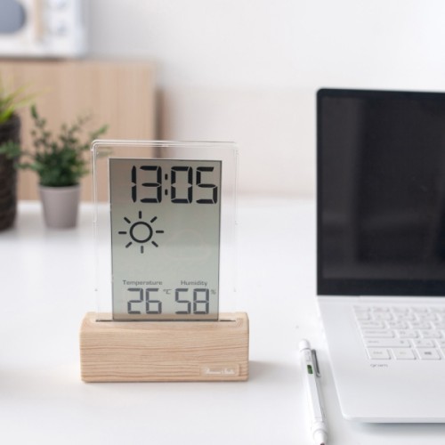 Banana digital transparent wooden LCD alarm clock with weather forecast and ther