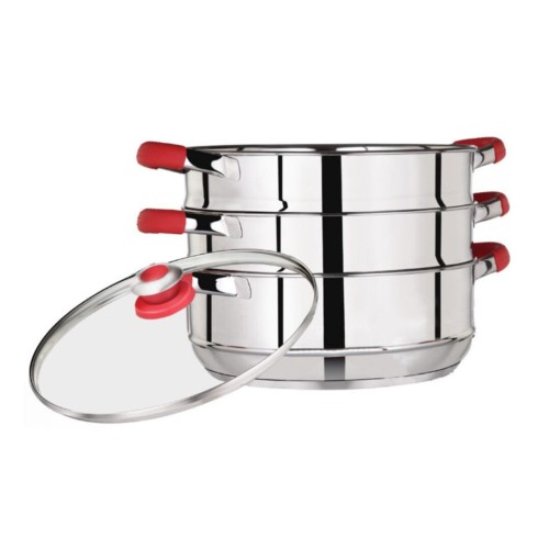 Premier Stainless Steel Induction Bottom 3 Tier Steamer with glass lid - 24 Cm