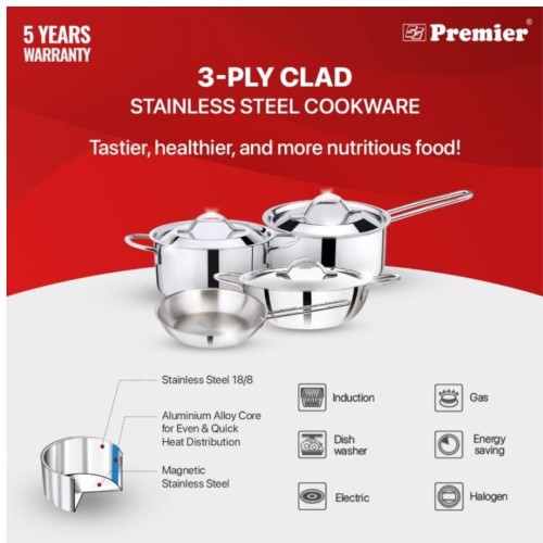Premier 3-ply Clad Stainless Steel Sauce Pan TPS-18 cm
