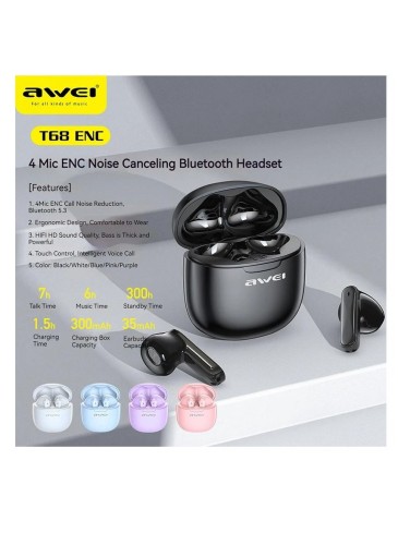 T68 ENC Bluetooth Earbuds - Noise Cancellation, Wireless, Waterproof, Smart Touc