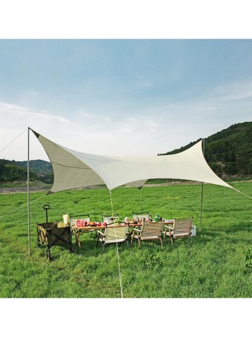 Hexagonal Camping Tarp large area covered, suitable for 6-9 people, equipped wit