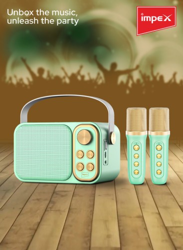 Impex Portable Bluetooth Karaoke Speaker with 2 Wireless Mics, Voice Modulation,