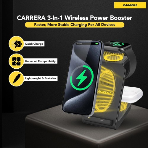CARRERA 3 in 1 Wireless Charger Stand CWC-234, 15W Fast Charging for Phone, 5W f...