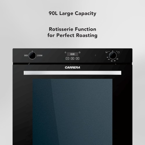 Carrera Built-in Gas Oven – 60cm, 90L Capacity, Black Glass, Convection Fan, Rot...