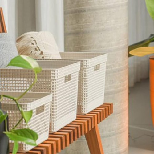 Ou Grid Basket With Lid, 8 Liter Capacity, Beige