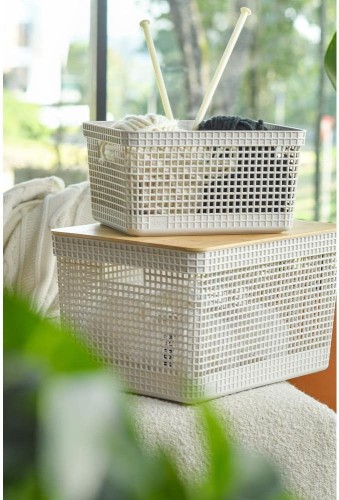 Ou Grid Organizer Basket W/Bamboo Cover 20L Beige Or
