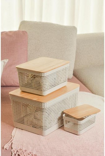 Ou Basket Organizer Grid W/Bamboo Cover 8L Beige Or