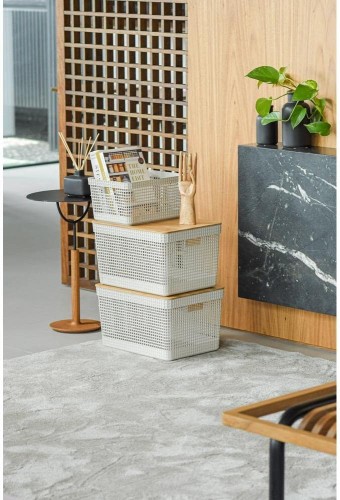 Ou Basket Organizer Grid W/Bamboo Cover 8L Beige Or