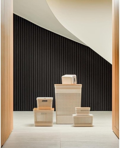 Ou Grid Clothes Basket W/Bamboo Cover 49L Beige Or