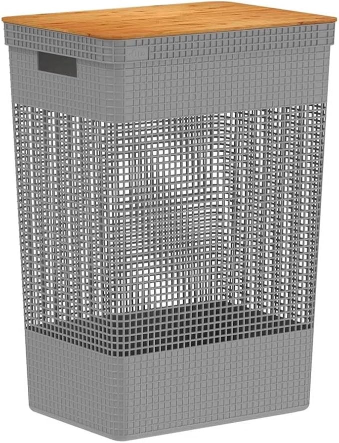 Ou Grid Clothes Basket W/Bamboo Cover 49L Grey Or