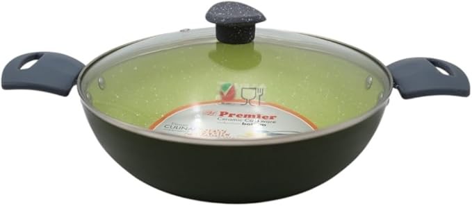 Premier Ceramic Kadai 26cm with Induction Base and Glass Lid | Non-Stick Eco-Fri...