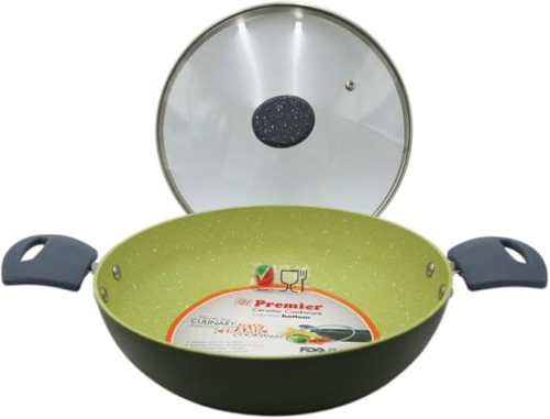 Premier Ceramic Kadai 26cm with Induction Base and Glass Lid | Non-Stick Eco-Fri...