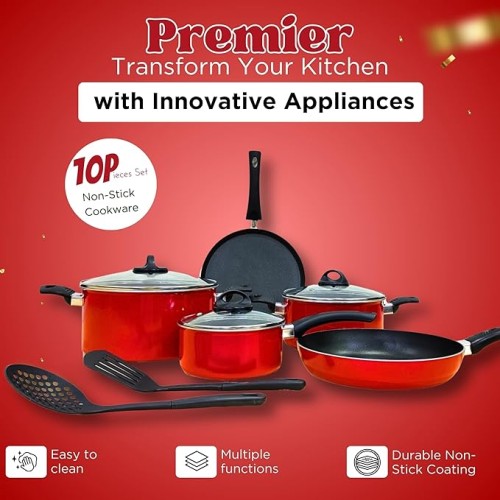 Premier 10PCS Non-Stick Cookware Set - Heat Resistant Handles - Dishwasher Safe...