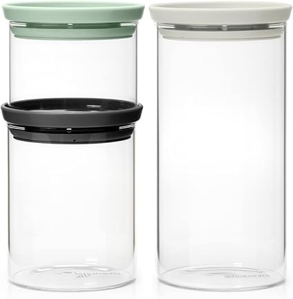 Brabantia Set of 3 Stackable Glass Jars, 0.3, 0.6 and 1.1 litre - Transparent