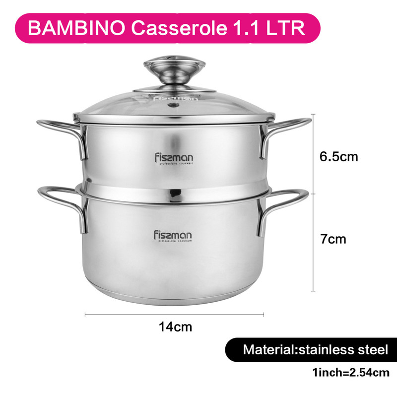 Fissman Mini Cooking Pot Bambino 14x7.0cm/1.1LTR With Steamer Insert 14x6.5cm Wi