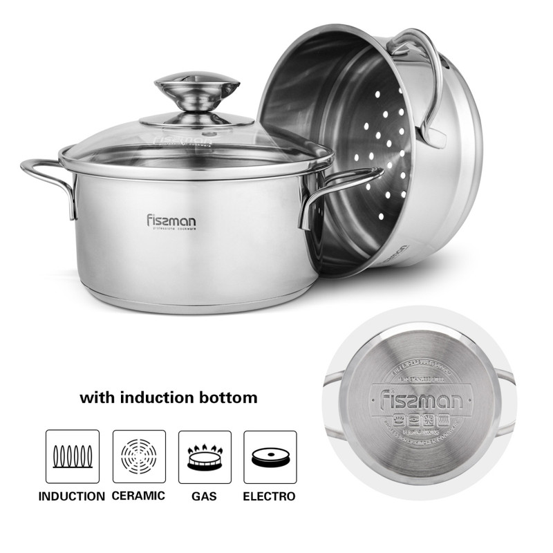 Fissman Mini Cooking Pot Bambino 14x7.0cm/1.1LTR With Steamer Insert 14x6.5cm Wi