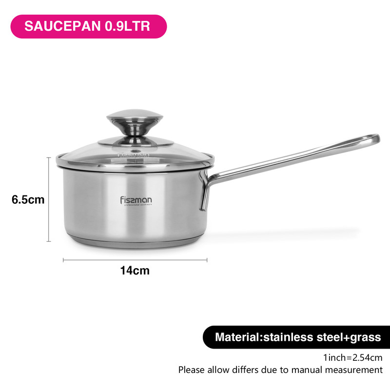 Fissman Saucepan With Glass Lid 14x6.5cm/0.9LTR (Stainless Steel)