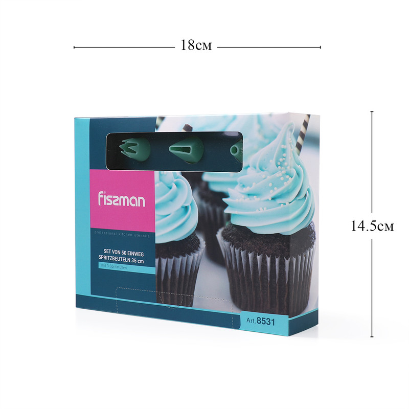 Fissman 50-Piece Dispossable Pipping Bags With 3 Tips Couplers Blue 35cm