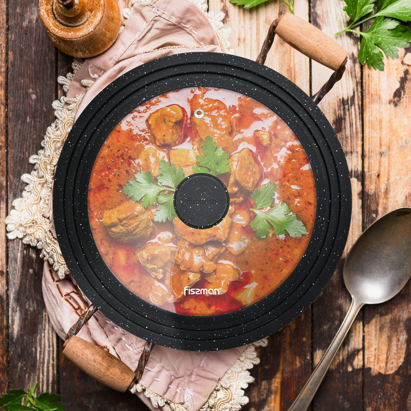 Fissman Multi-Size Lid Triplex 26/28/30cm With Black Marble Silicone Rim (Glass)