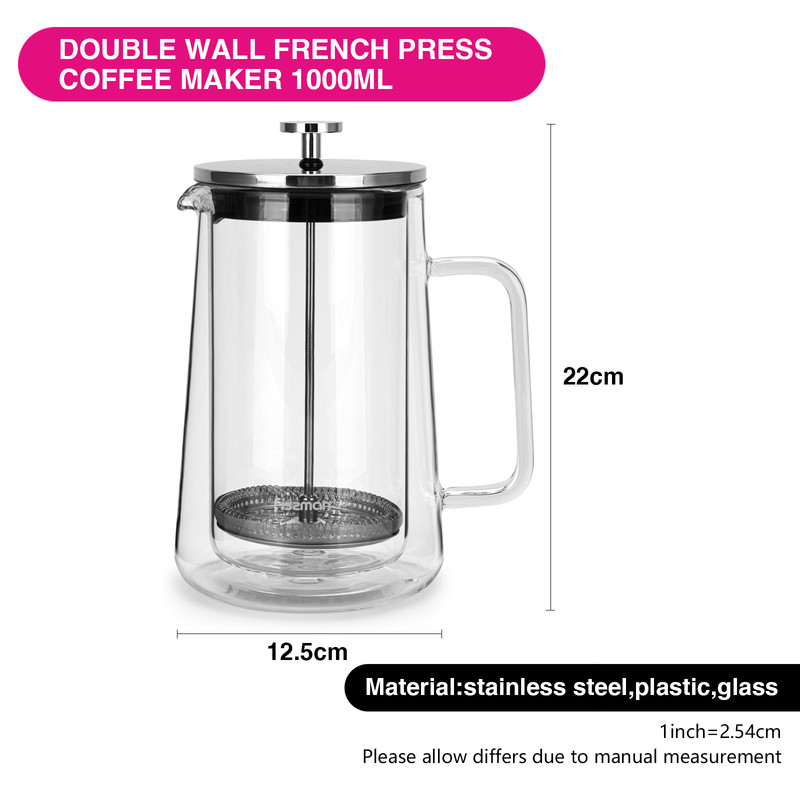Fissman Double Wall French Press Coffee Maker Doppio 1000ml (Borosilicate Glass)