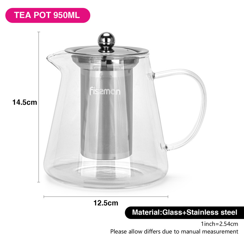 Fissman Tea Pot 950ml With Stainless Steel Filter (Borosilicate Glass)