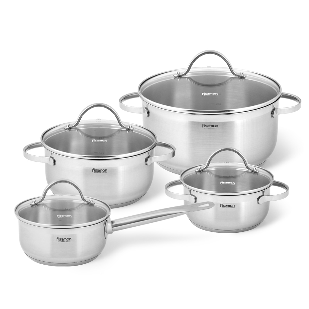 Fissman Cookware Set Gabriela 8 Pcs With Glass Lids (Stainless Steel)