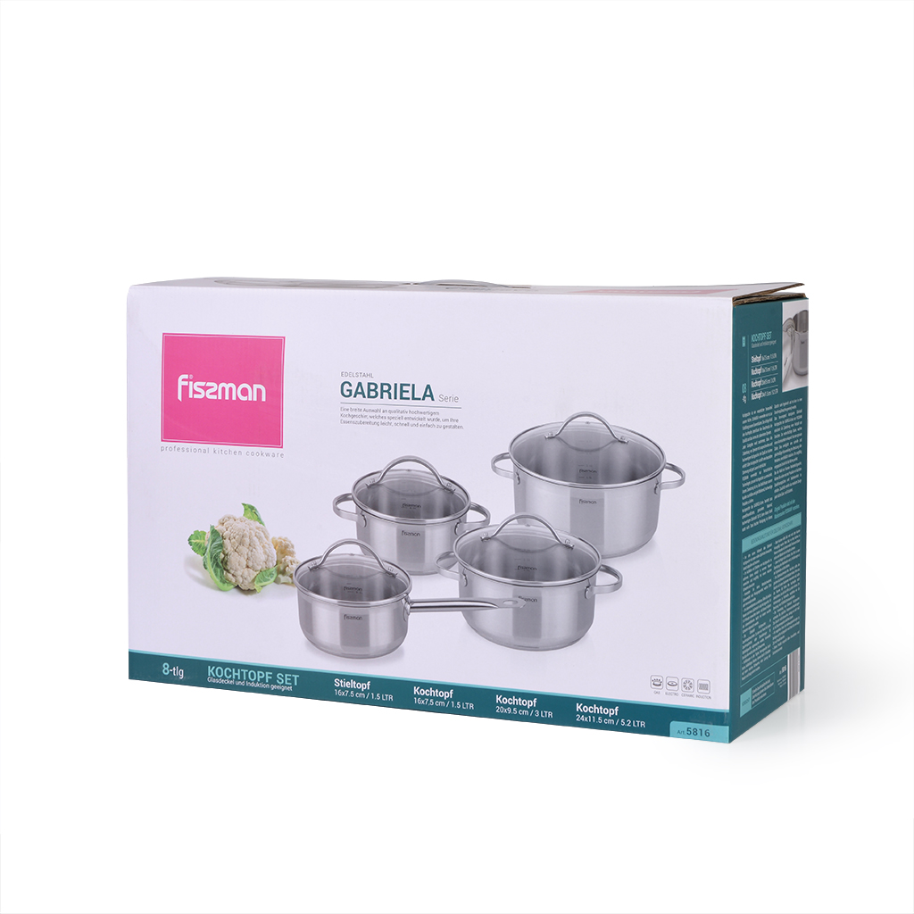 Fissman Cookware Set Gabriela 8 Pcs With Glass Lids (Stainless Steel)