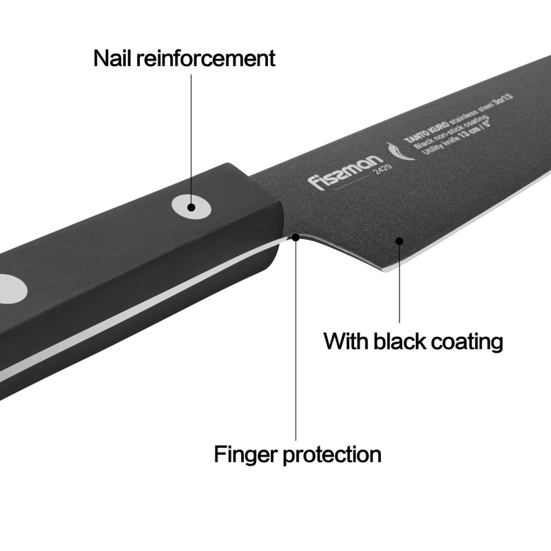 Fissman 5" Utility Knife Tanto Kuro With Black Non-Stick Coating (3cr13 Steel)