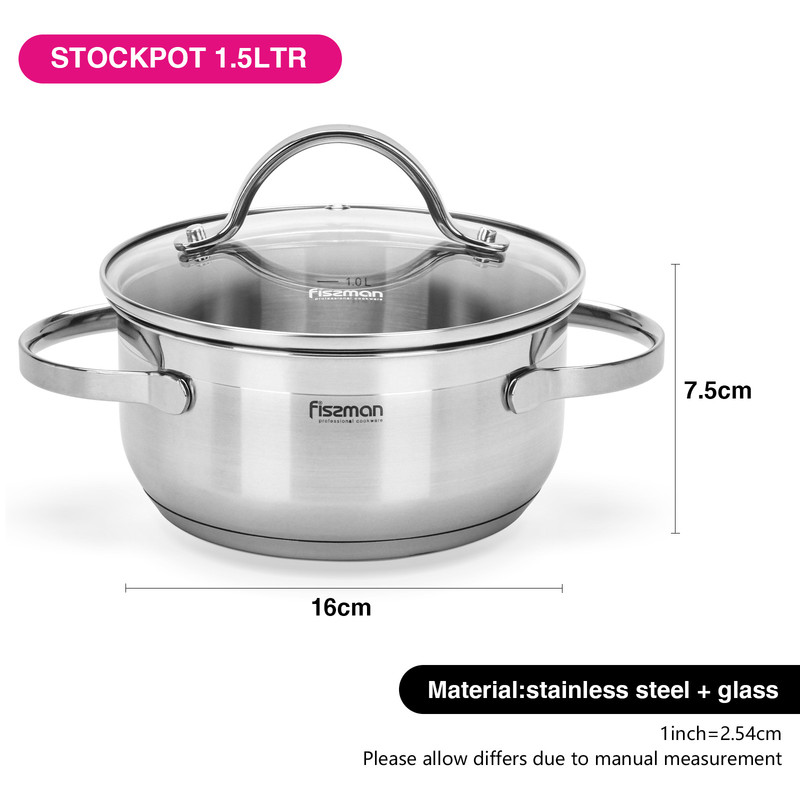 Fissman Stockpot Luminosa 16x7.5cm/1.5LTR With Glass Lid (Stainless Steel)