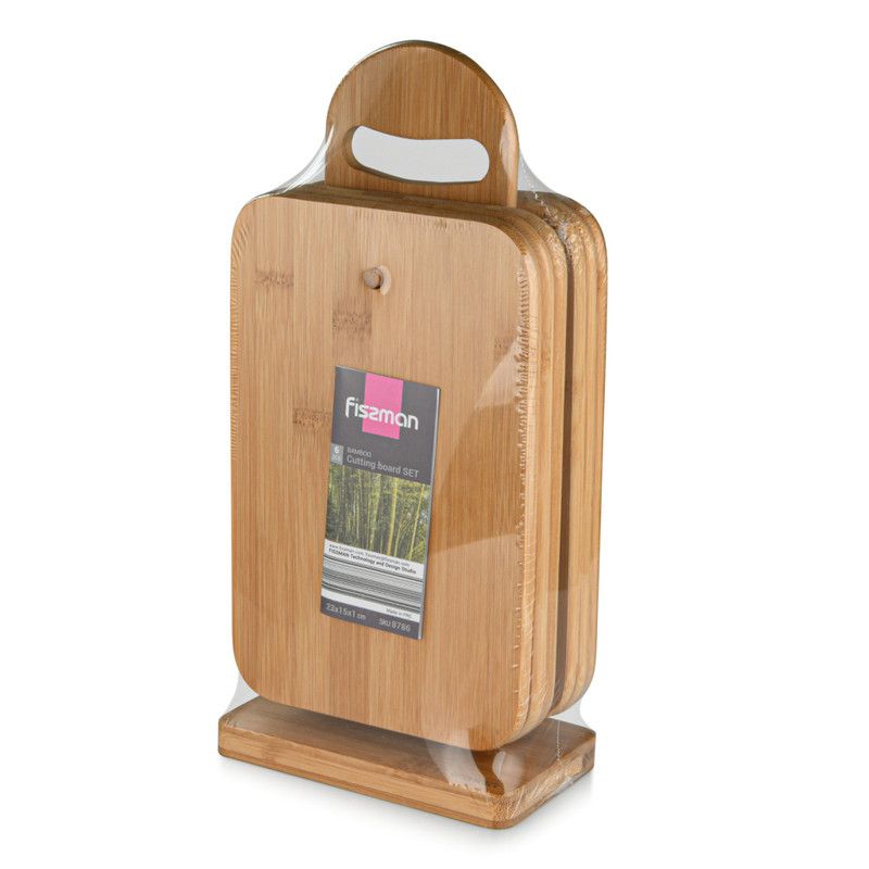 Fissman Set of 6 Rectangular Cutting Boards 23x15x1cm With A Stand (Bamboo)