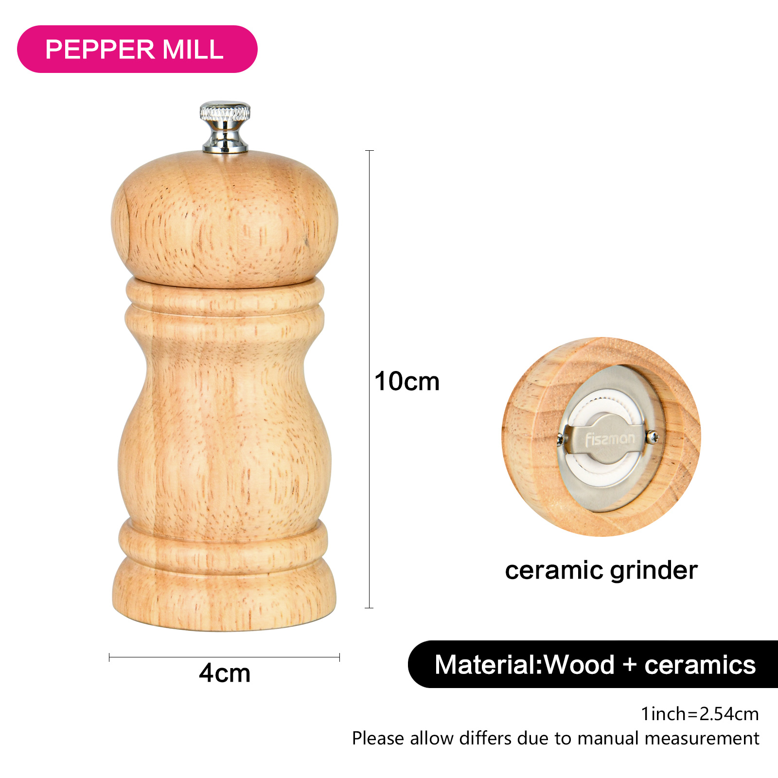 Fissman Salt & Pepper Mill 11x5cm (Rubber Wood Body With Ceramic Grinder)