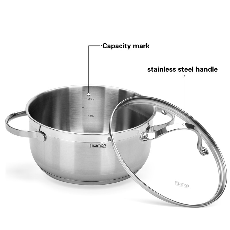 Fissman Stockpot Luminosa 20x9.5cm/3.0LTR With Glass Lid (Stainless Steel)