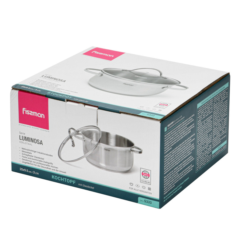 Fissman Stockpot Luminosa 20x9.5cm/3.0LTR With Glass Lid (Stainless Steel)