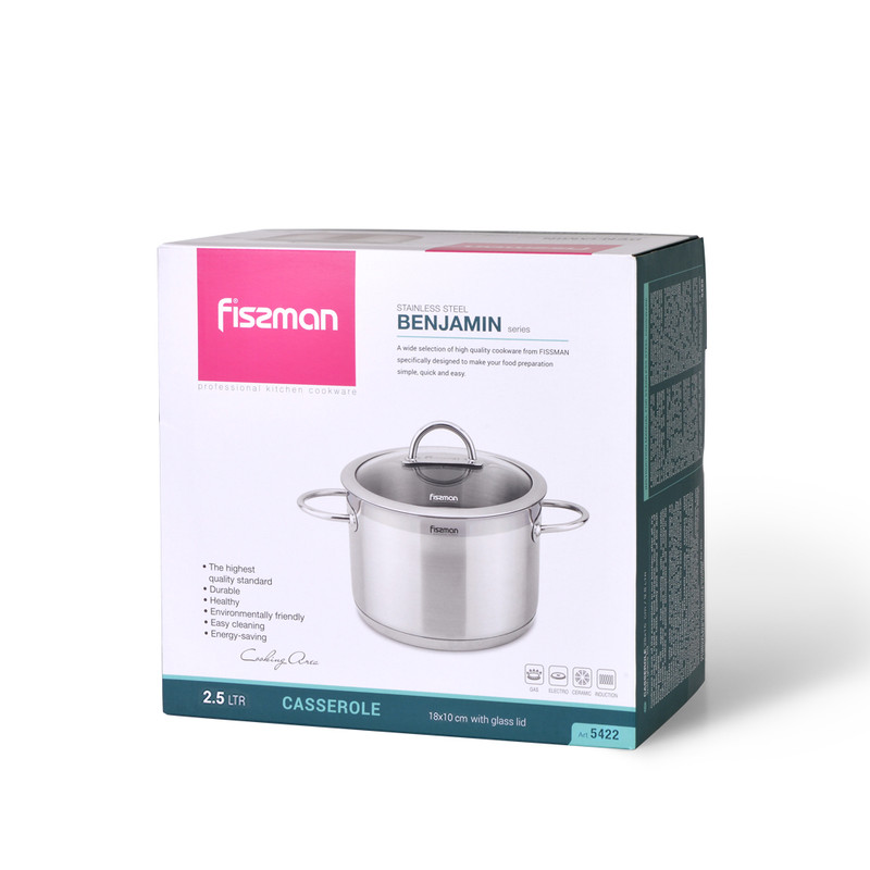 Fissman Benjamin Casserole With Glass Lid 18x10cm/2.5LTR (Stainless Steel)