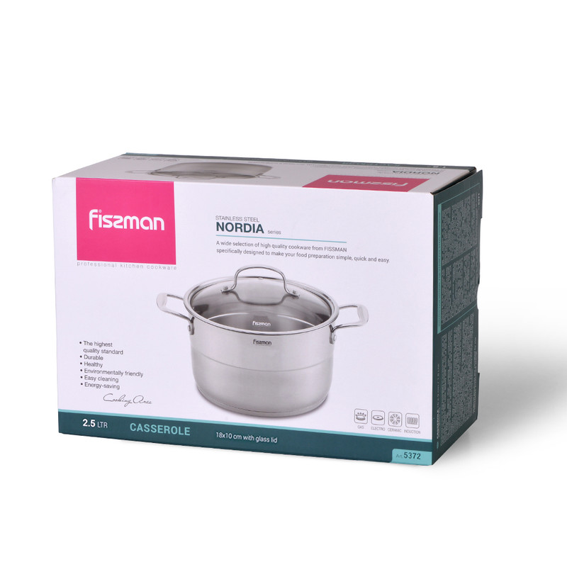 Fissman Nordia Casserole With Glass Lid 18x10cm/2.5LTR (Stainless Steel)