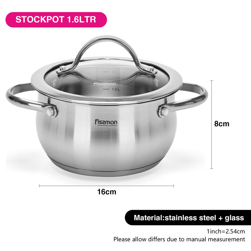 Fissman Stockpot Valery 16x8cm/1.6LTR With Glass Lid (Stainless Steel)