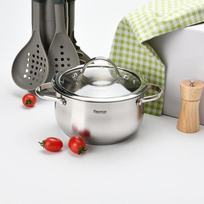 Fissman Stockpot Valery 16x8cm/1.6LTR With Glass Lid (Stainless Steel)