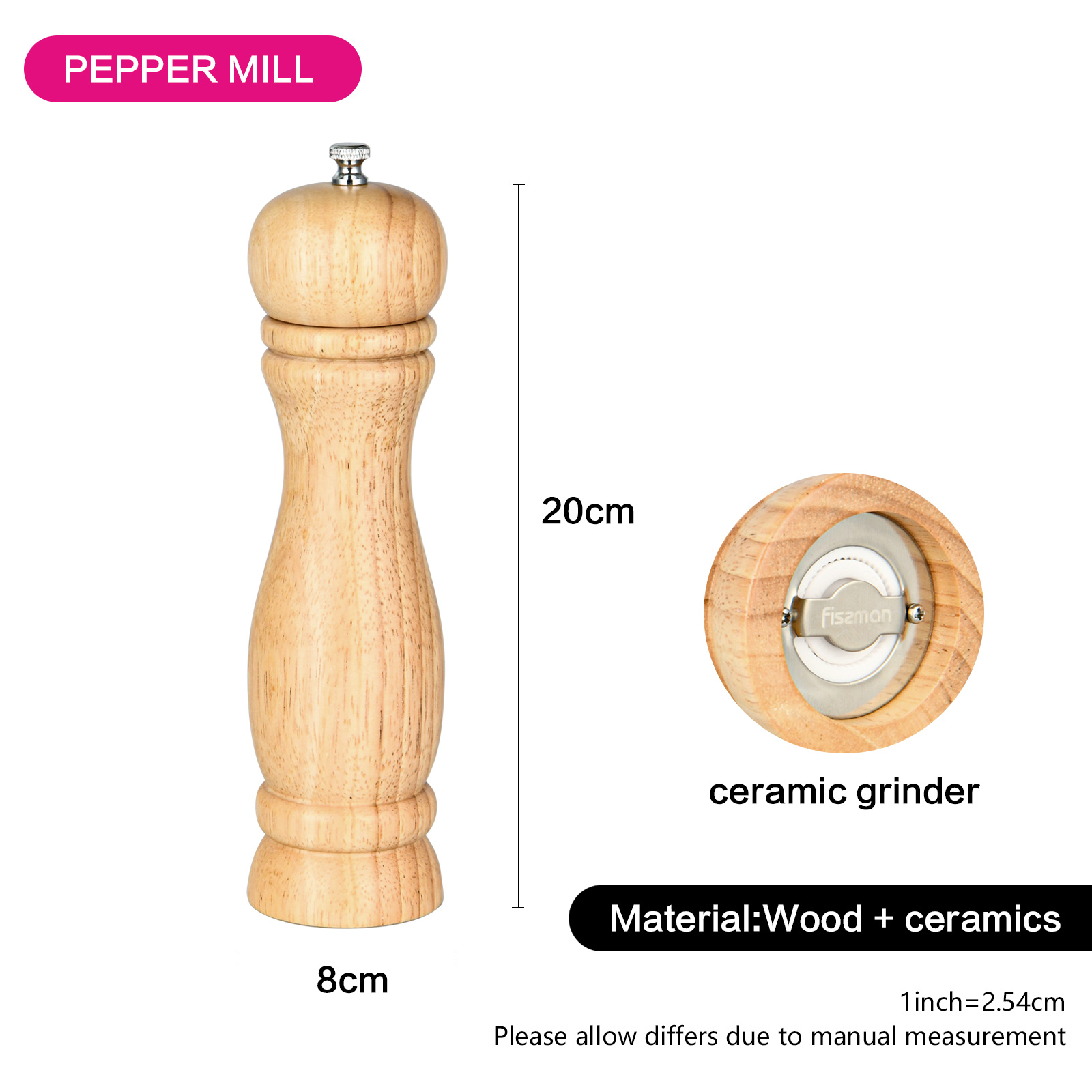 Fissman Salt & Pepper Mill 21.5x5cm (Rubber Wood Body With Ceramic Grinder)