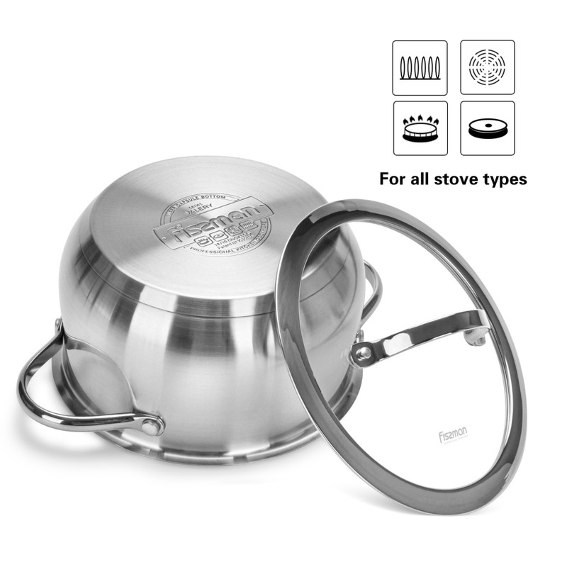 Fissman Stockpot Valery 20x10cm/3.1LTR With Glass Lid (Stainless Steel)