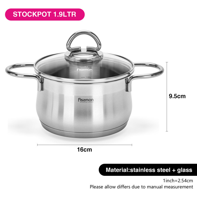Fissman Stockpot Monica 16x9.5cm/1.9LTR With Glass Lid (Stainless Steel)