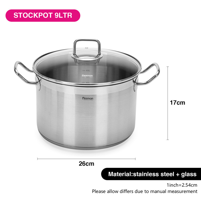 Fissman Stockpot Tahara 26x17cm/9.0LTR With Glass Lid (Stainless Steel)