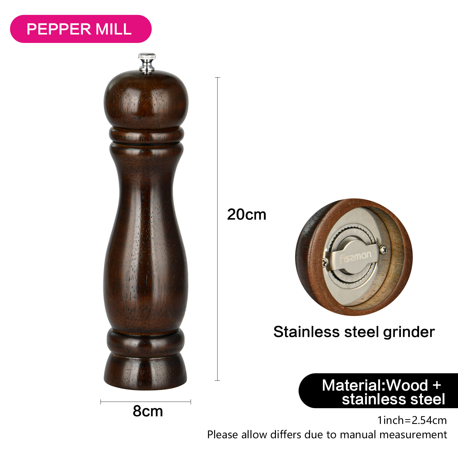 Fissman Pepper Mill 21.5x5cm (Rubber Wood Body With S/S Grinder)