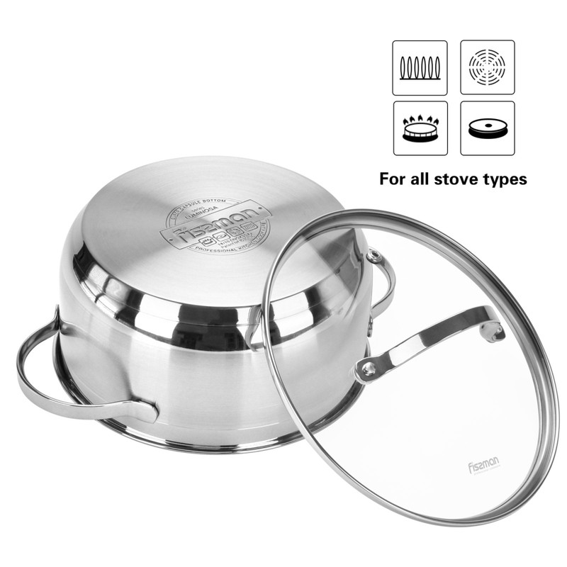 Fissman Stockpot Luminosa 18x8.5cm/2.1LTR With Glass Lid (Stainless Steel)