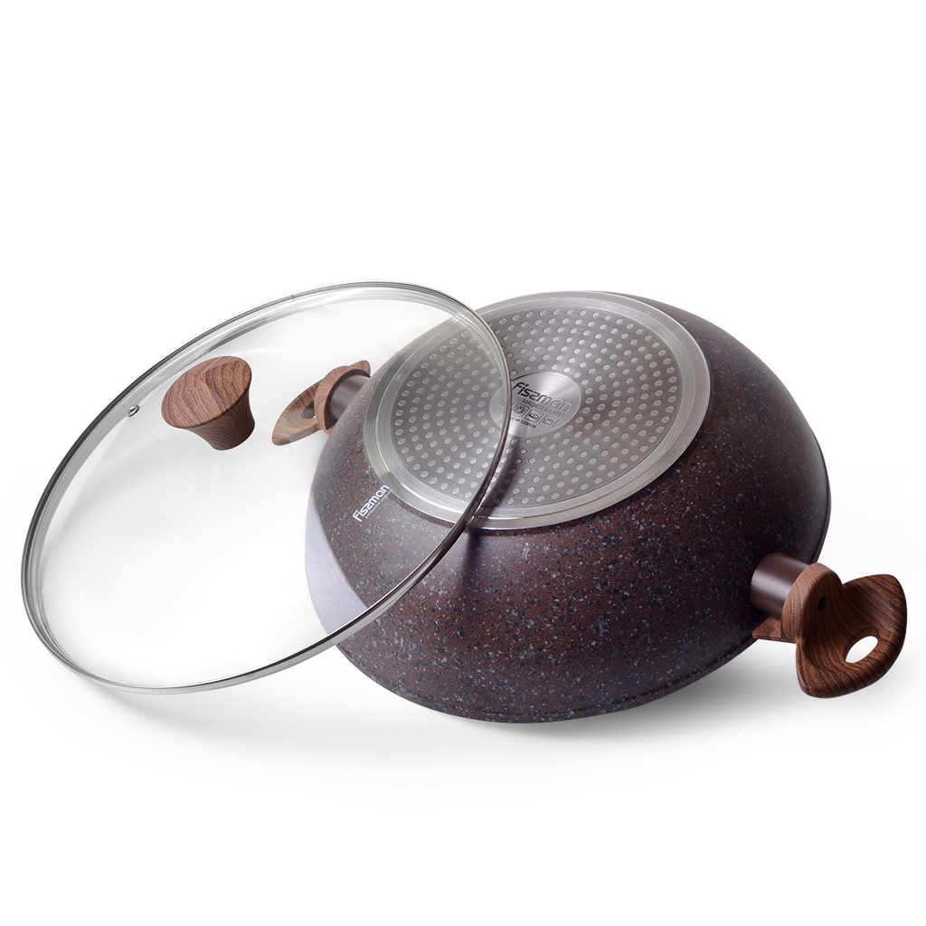 Fissman Wok Magic Brown 30x9cm With Glass Lid (Aluminum With Non-Stick Coating)