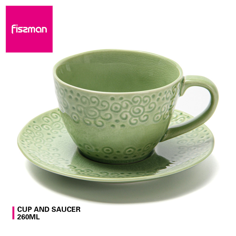 Fissman Cup 260ml And Saucer Green Crackle (Ceramic)