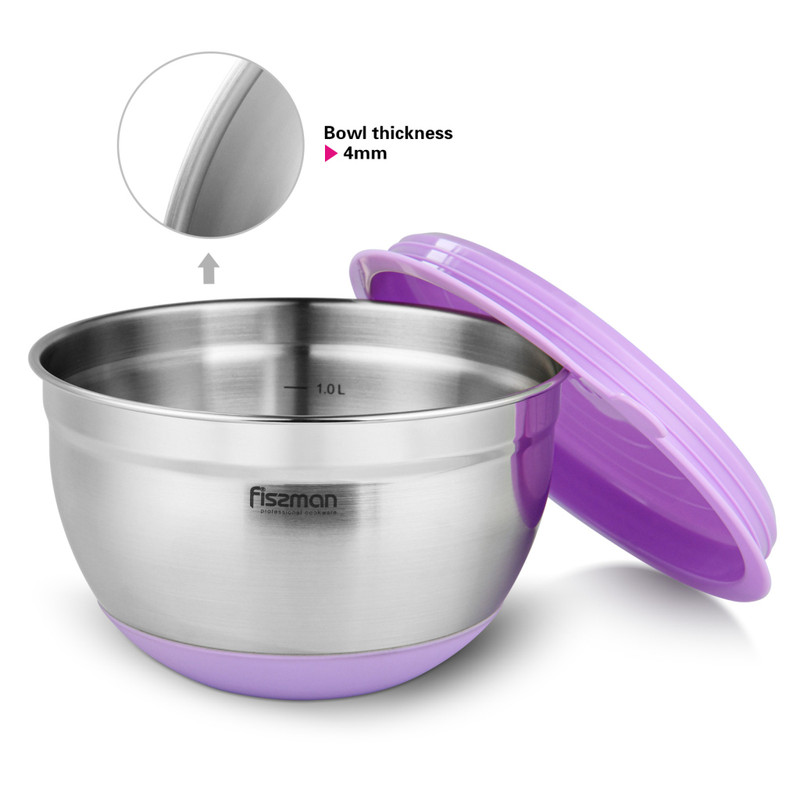 Fissman Mixing Bowl 20x12cm/3LTR With Silicone Bottom. Lilac (Stainless Steel)