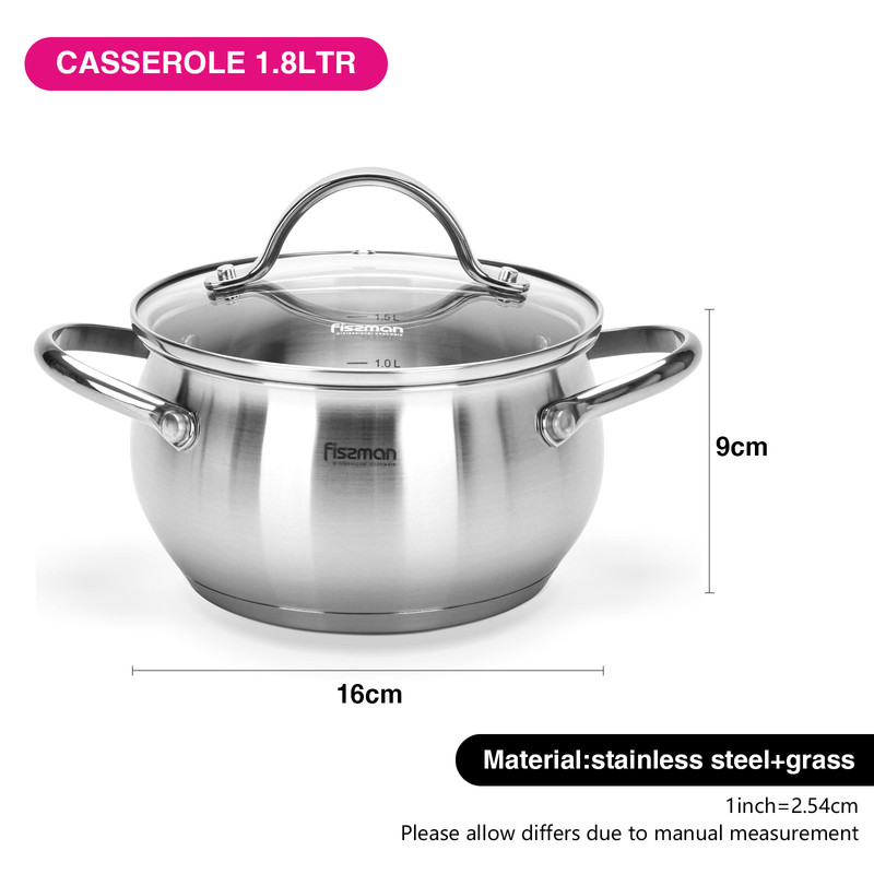 Fissman Stockpot Martinez 16x9cm/1.8LTR With Glass Lid (Stainless Steel)