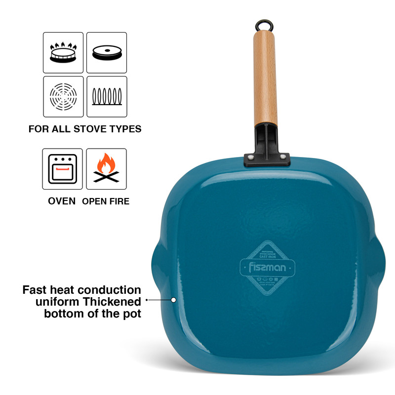 Fissman Square Grill Pan 28x3.5cm With Wooden Handle (Enamel Cast Iron)